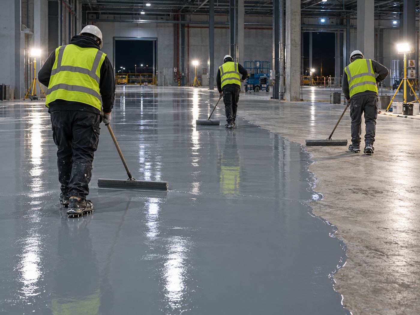 Crew applying grey epoxy to an industrial floor at night